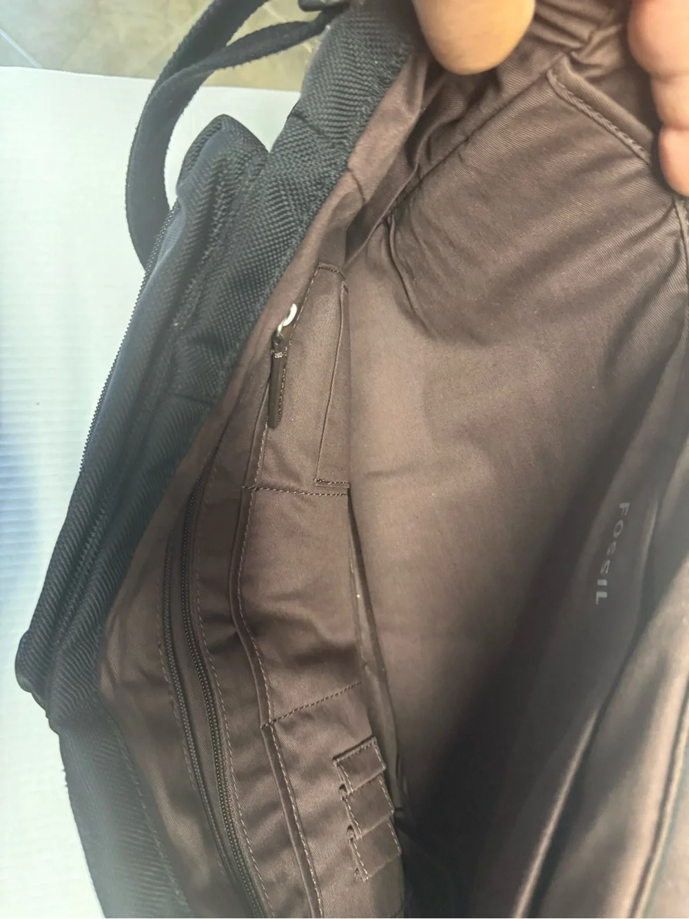 Fossil Black Messenger Bag with Brown Trim